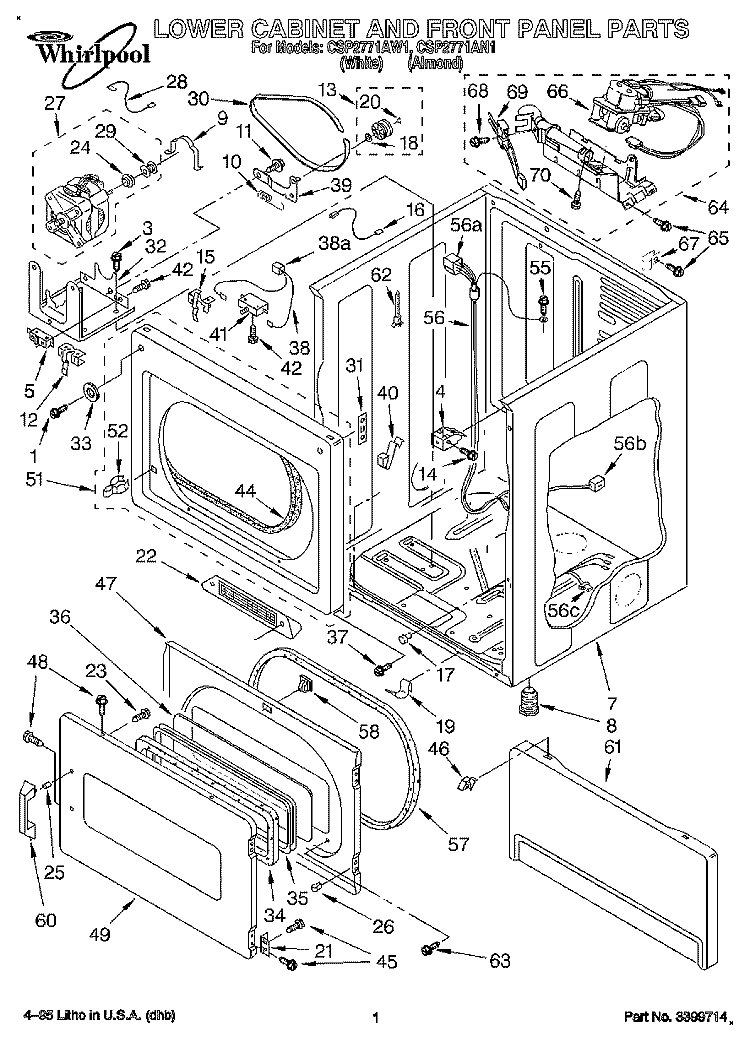 LOWER CABINET AND FRONT PANEL Diagram and Parts List for CSP2771AN1  Whirlpool Dryer