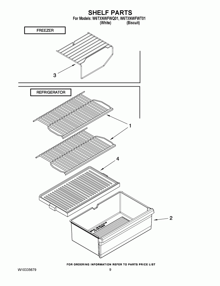 SHELF PARTS Diagram and Parts List for W6TXNWFWT01  Whirlpool Refrigerator