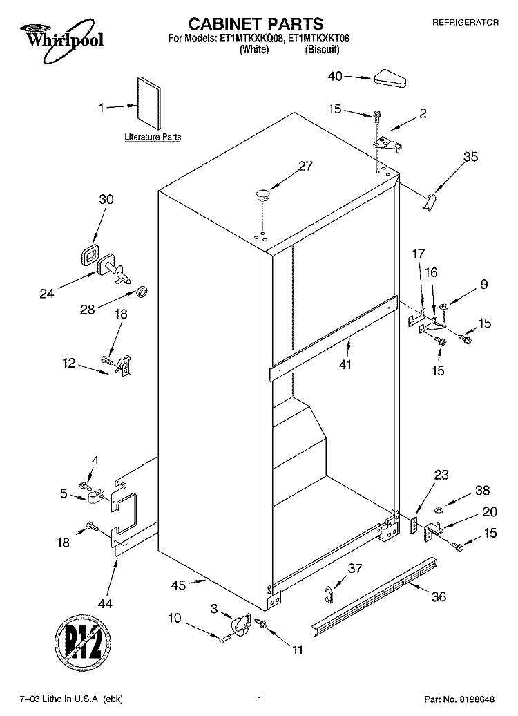 CABINET PARTS Diagram and Parts List for ET1MTKXKT08  Whirlpool Refrigerator