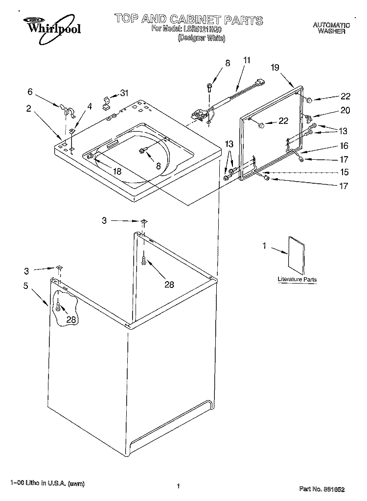 CABINET, LITERATURE Diagram and Parts List for LSR5121HQ0  Whirlpool Washer