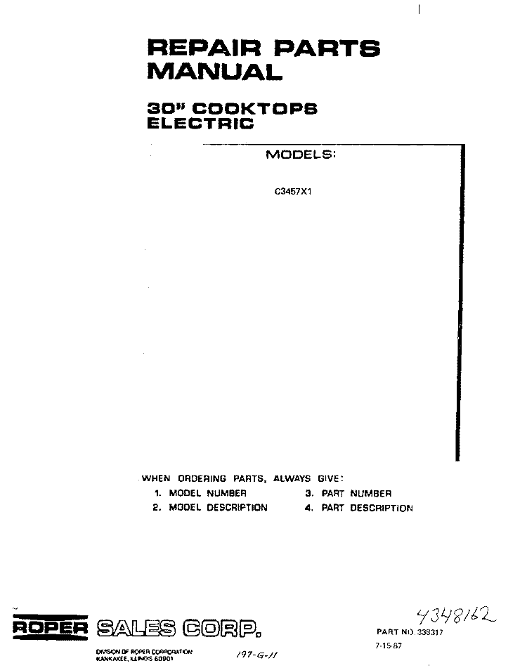 COVER Diagram and Parts List for C3457X1  Roper Range