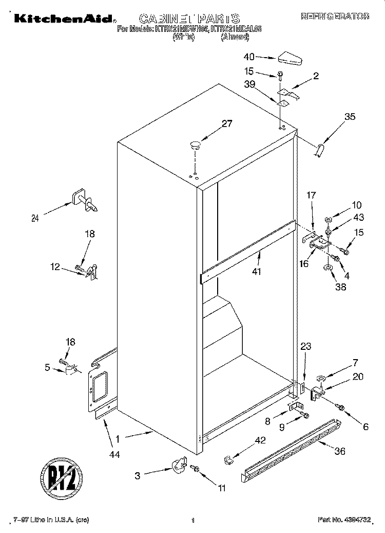 CABINET Diagram and Parts List for KTRS21MDAL05  KitchenAid Refrigerator