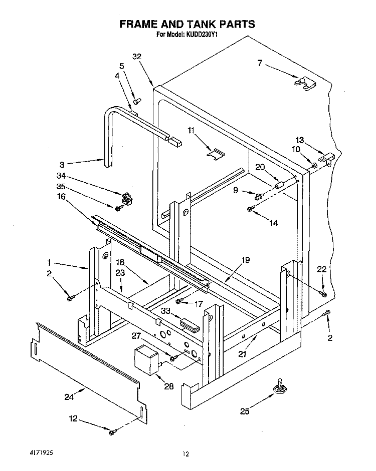 FRAME AND TANK Diagram and Parts List for KUDD230Y1  KitchenAid Dishwasher