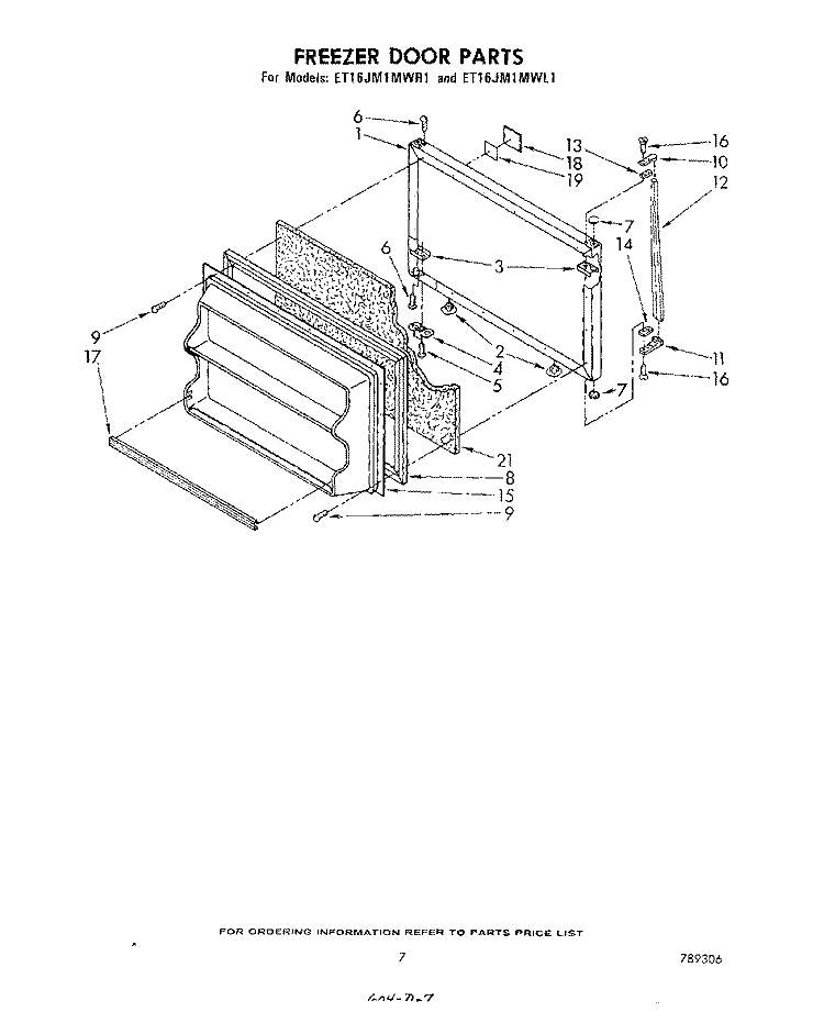 FREEZER DOOR Diagram and Parts List for ET16JM1MWR1  Whirlpool Refrigerator