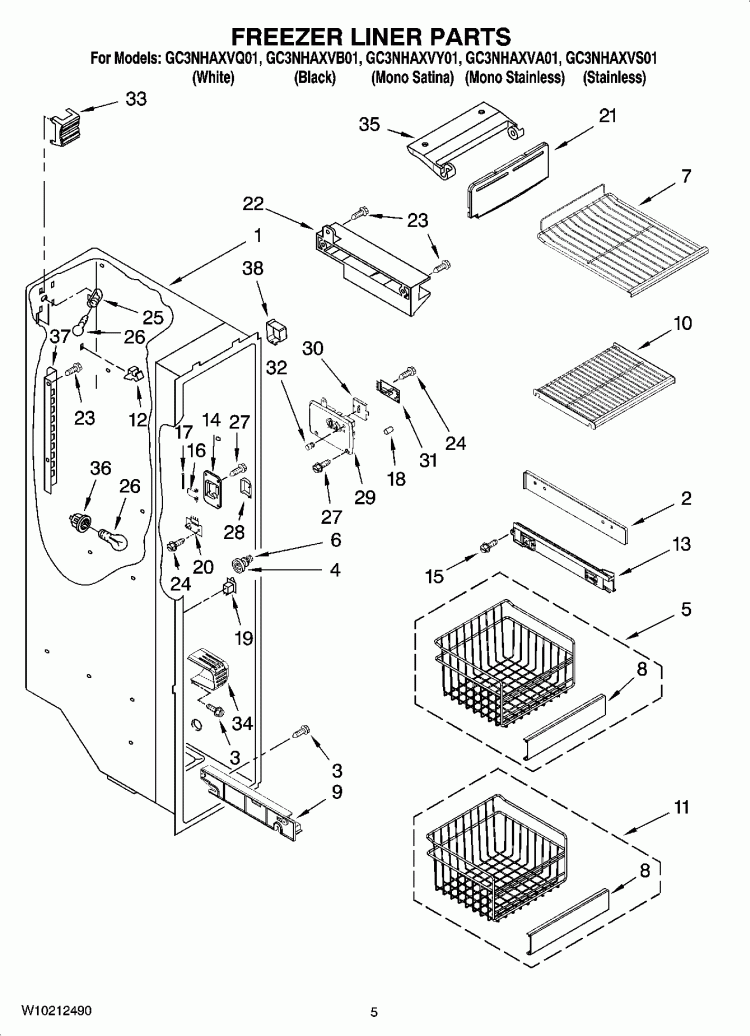 FREEZER LINER PARTS Diagram and Parts List for GC3NHAXVA01  Whirlpool Refrigerator