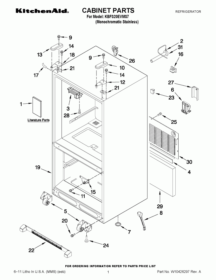 CABINET PARTS Diagram and Parts List for KBFS20EVMS7  KitchenAid Refrigerator