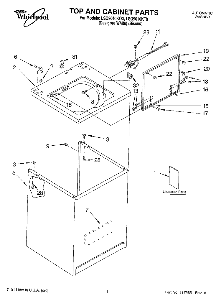 TOP & CABINET, LITERATURE Diagram and Parts List for LSQ9010KQ0  Whirlpool Washer