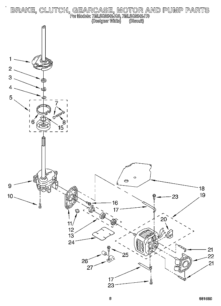BRAKE, CLUTCH, GEARCASE, MOTOR & PUMP Diagram and Parts List for 7MLSQ8543JQ0  Whirlpool Washer