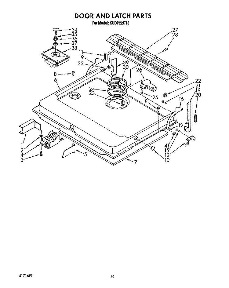DOOR AND LATCH Diagram and Parts List for KUDP22GT3  KitchenAid Dishwasher