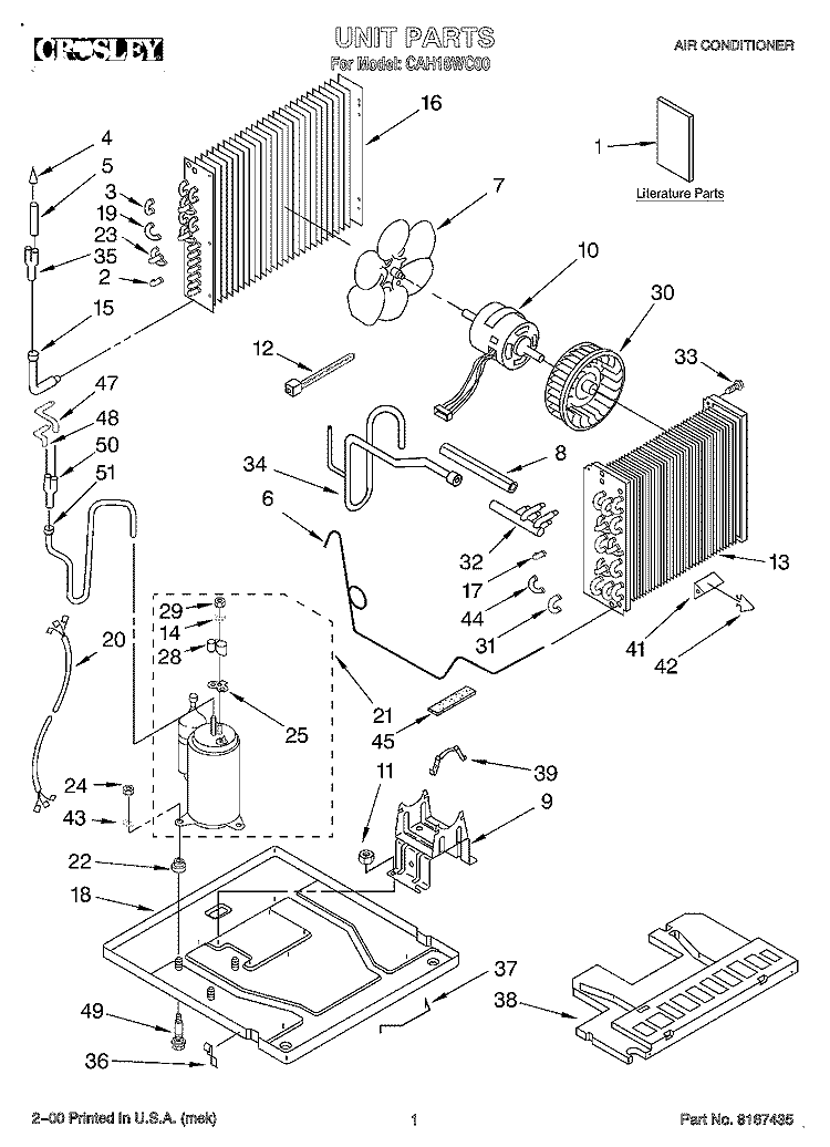 UNIT, LITERATURE Diagram and Parts List for CAH18WC00  Crosley Air Conditioner