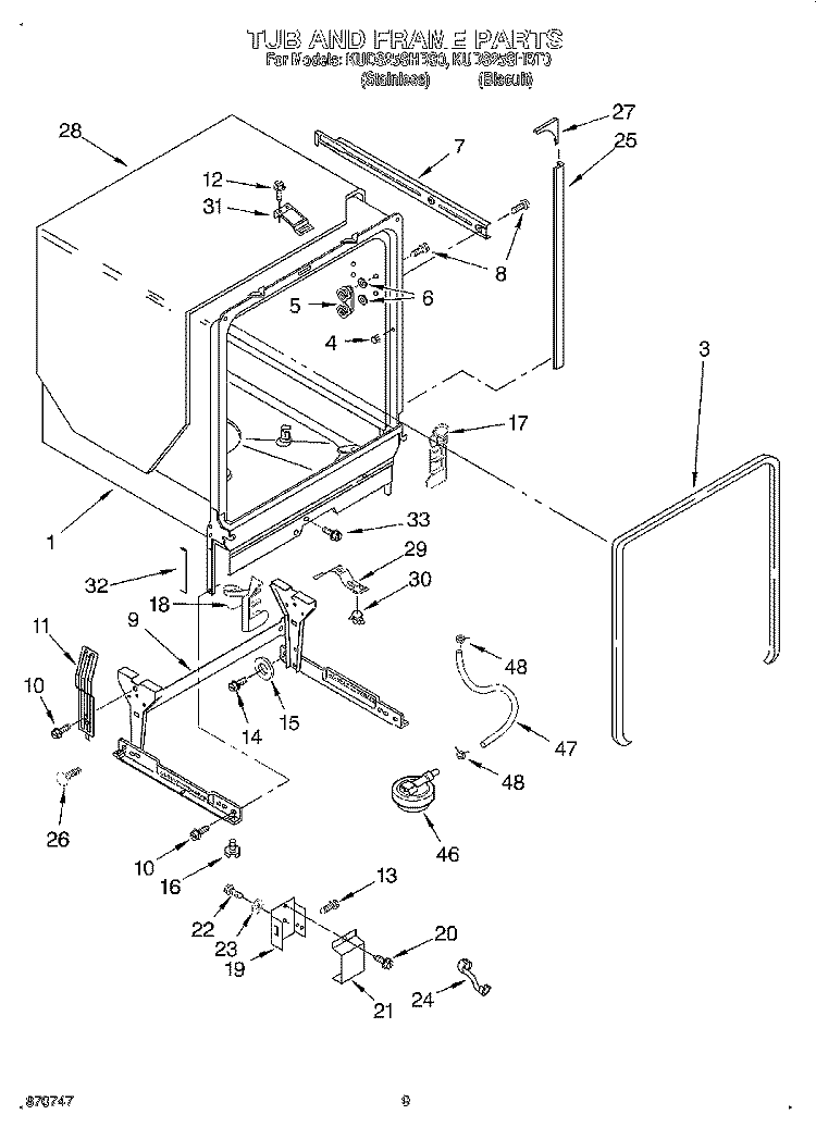 TUB AND FRAME Diagram and Parts List for KUDS25SHBT0  KitchenAid Dishwasher