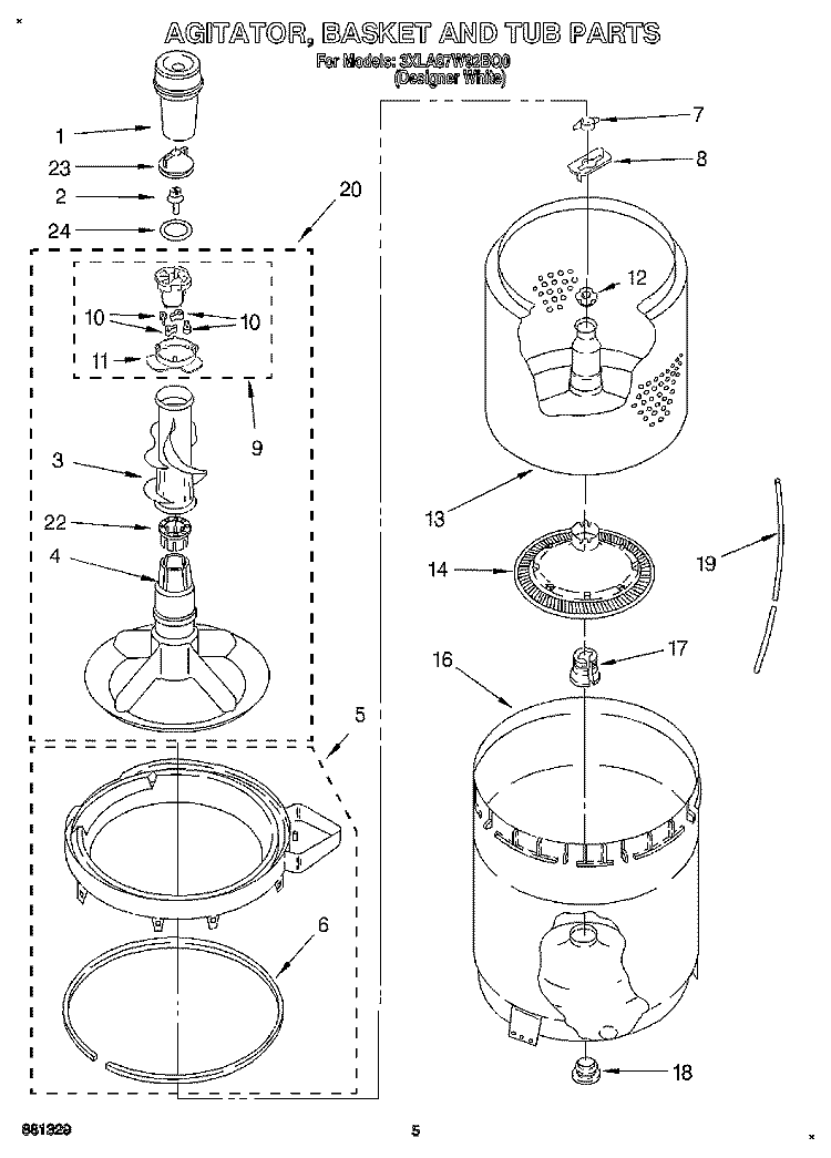 AGITATOR, BASKET AND TUB Diagram and Parts List for 3XLA87W92BQ0  Whirlpool Washer