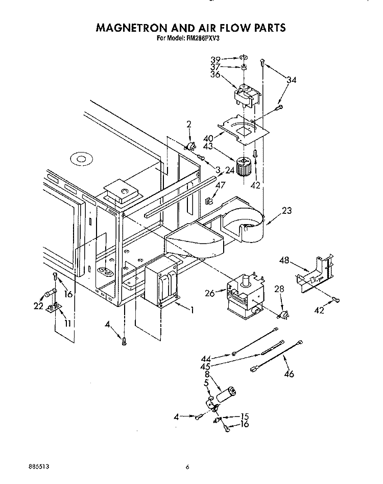 MAGNETRON AND AIR FLOW Diagram and Parts List for RM286PXV3  Whirlpool Microwave Oven Combo