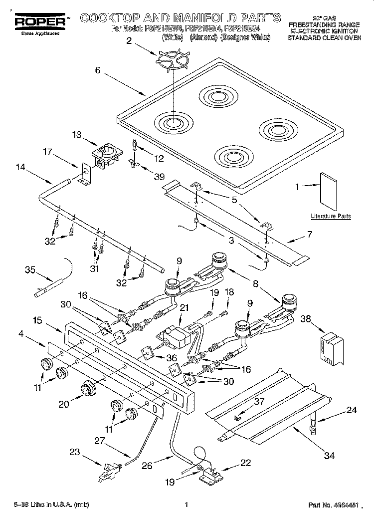 COOKTOP AND MANIFOLD, LITERATURE Diagram and Parts List for FGP215EW4  Roper Range