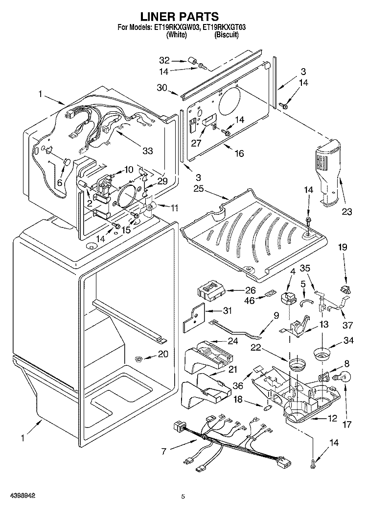 LINER Diagram and Parts List for ET19RKXGT03  Whirlpool Refrigerator