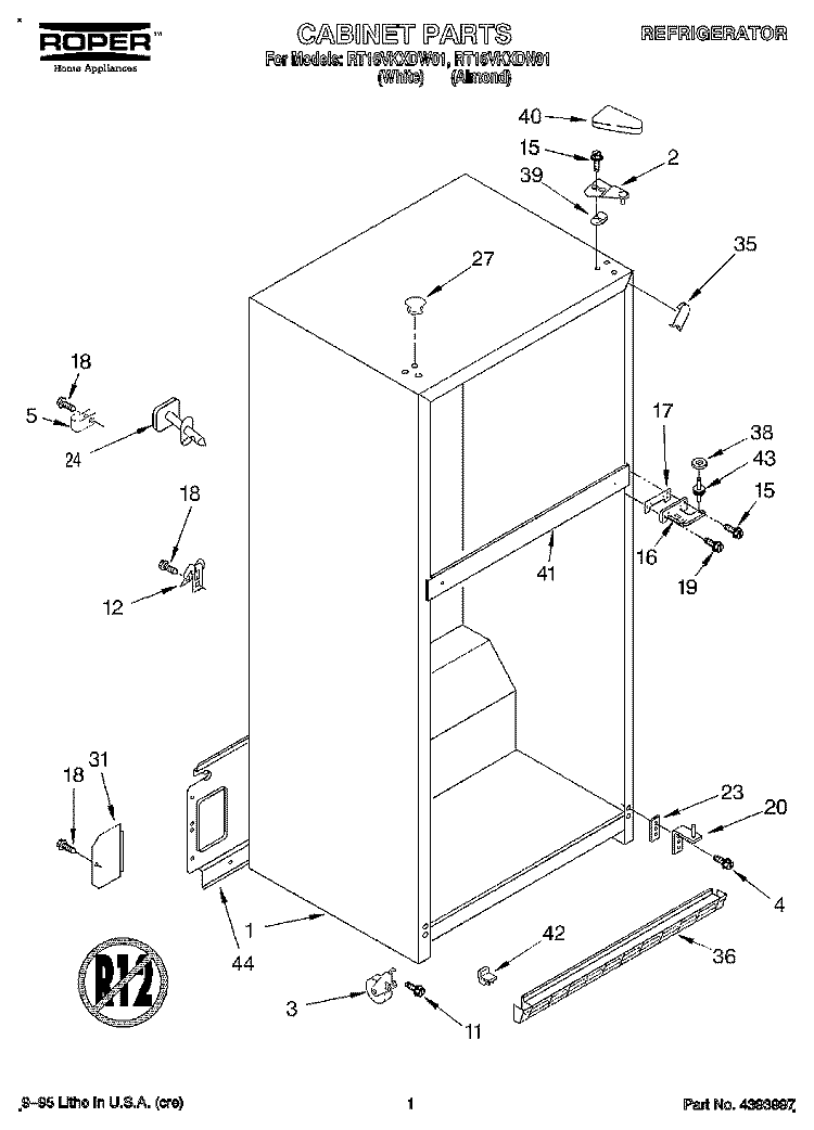 CABINET Diagram and Parts List for RT16VKXDN01  Roper Refrigerator