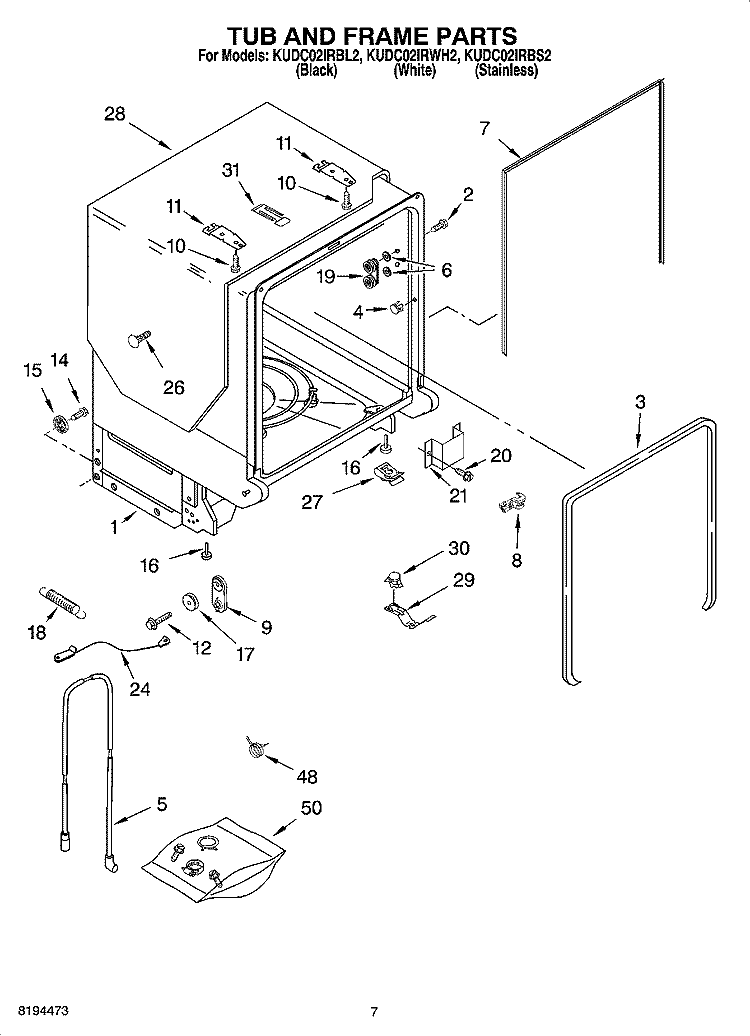 TUB AND FRAME PARTS Diagram and Parts List for KUDC02IRWH2  KitchenAid Dishwasher