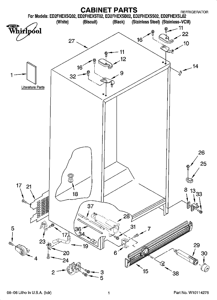 CABINET PARTS Diagram and Parts List for ED2FHEXSL02  Whirlpool Refrigerator