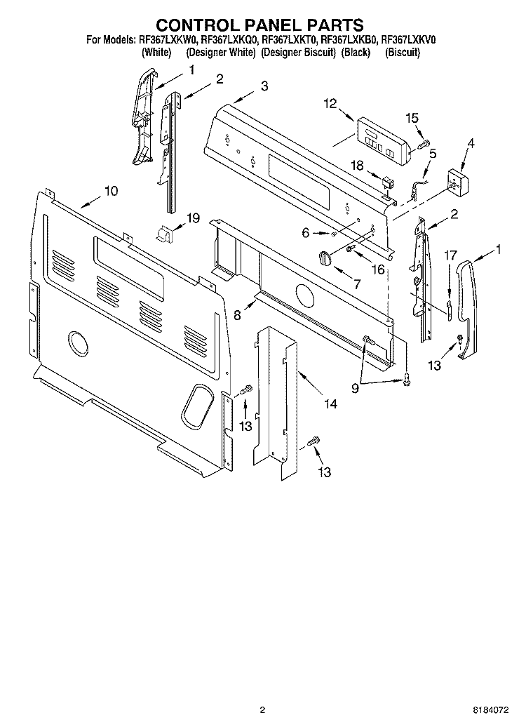 CONTROL PANEL Diagram and Parts List for RF367LXKB0  Whirlpool Range