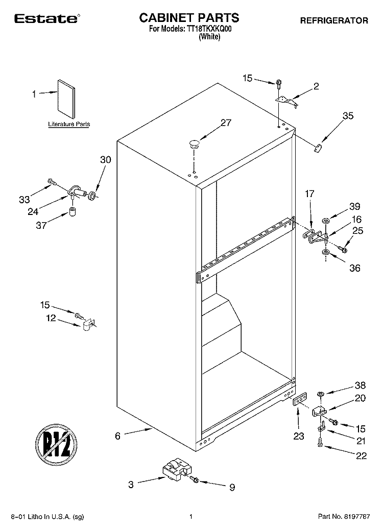 CABINET, LITERATURE Diagram and Parts List for TT18TKXKQ00  Estate Refrigerator