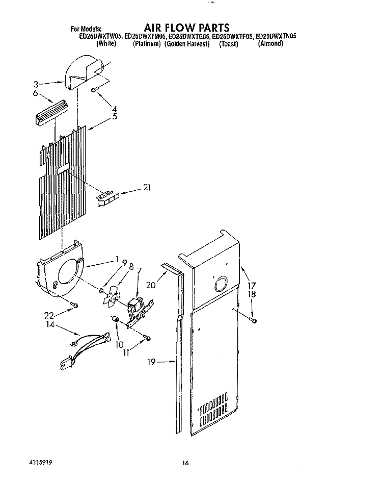 AIR FLOW Diagram and Parts List for ED25DWXTW05  Whirlpool Refrigerator