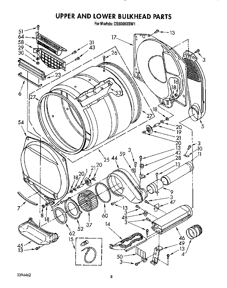 UPPER AND LOWER BULKHEAD, LIT/OPTIONAL Diagram and Parts List for CS5000XSW1  Whirlpool Dryer