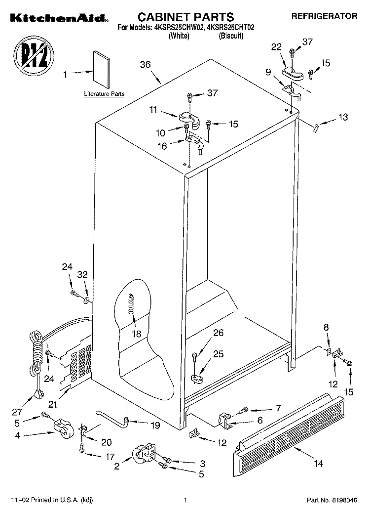 CABINET, LITERATURE Diagram and Parts List for 4KSRS25CHW02  KitchenAid Refrigerator