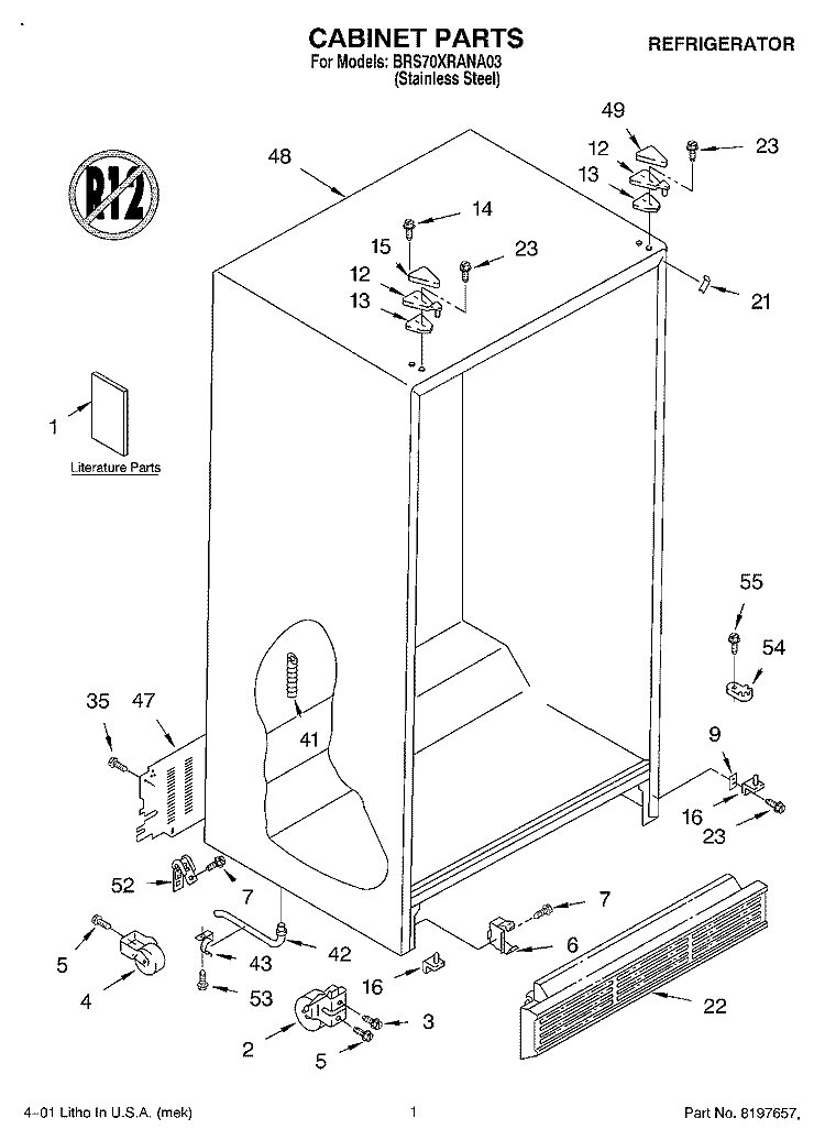 CABINET, LITERATURE Diagram and Parts List for BRS70XRANA03  Whirlpool Refrigerator