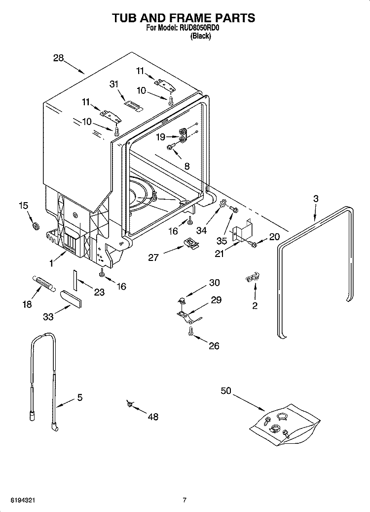 TUB AND FRAME PARTS Diagram and Parts List for RUD8050RD0  Roper Dishwasher