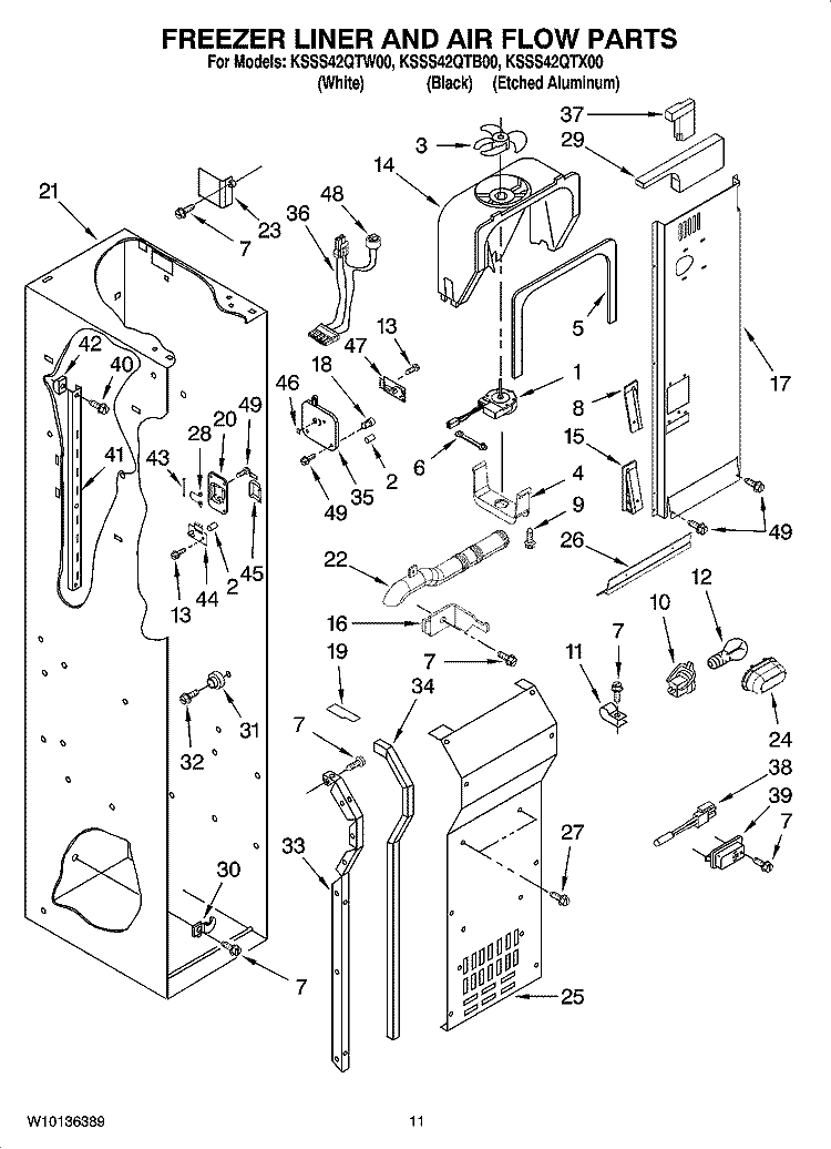 FREEZER LINER AND AIR FLOW PARTS Diagram and Parts List for KSSS42QTX00  KitchenAid Refrigerator