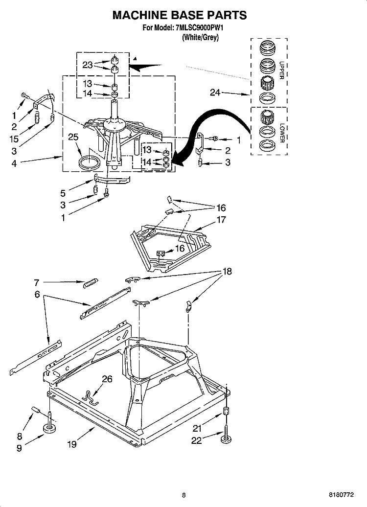 MACHINE BASE PARTS Diagram and Parts List for 7MLSC9000PW1  Whirlpool Washer