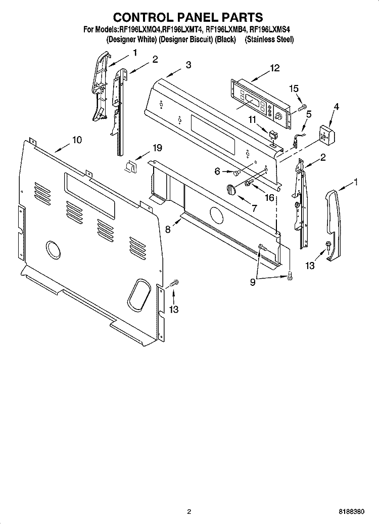 CONTROL PANEL PARTS Diagram and Parts List for RF196LXMB4  Whirlpool Range