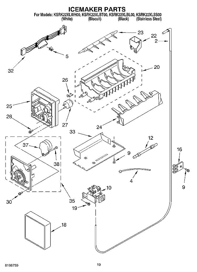 ICEMAKER PARTS Diagram and Parts List for KSRK22XLBT00  KitchenAid Refrigerator