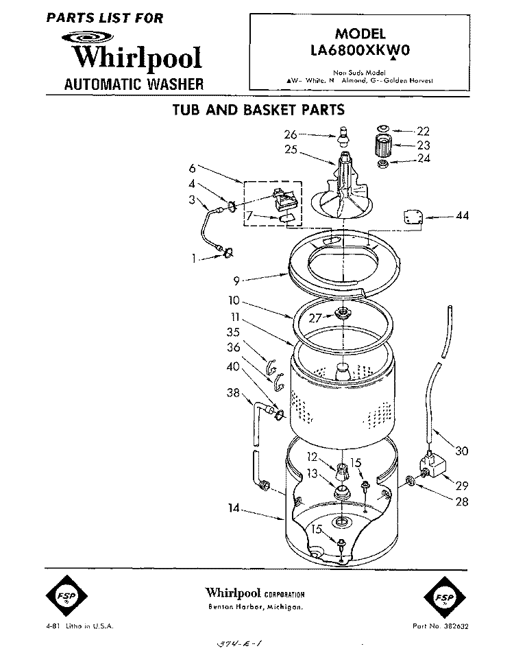 TUB AND BASKET Diagram and Parts List for LA6800XKW0  Whirlpool Washer