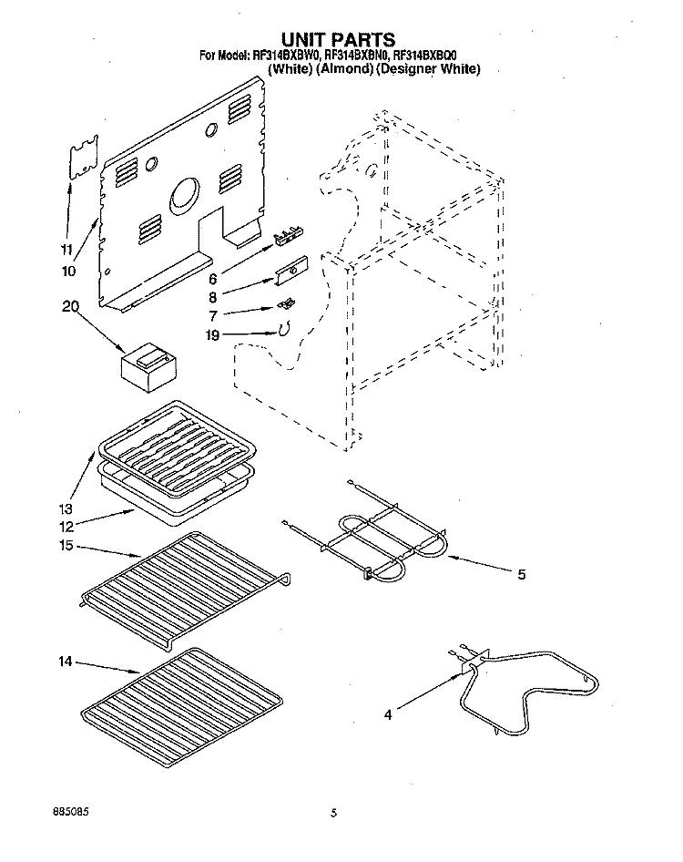 UNIT Diagram and Parts List for RF314BXBN0  Whirlpool Range