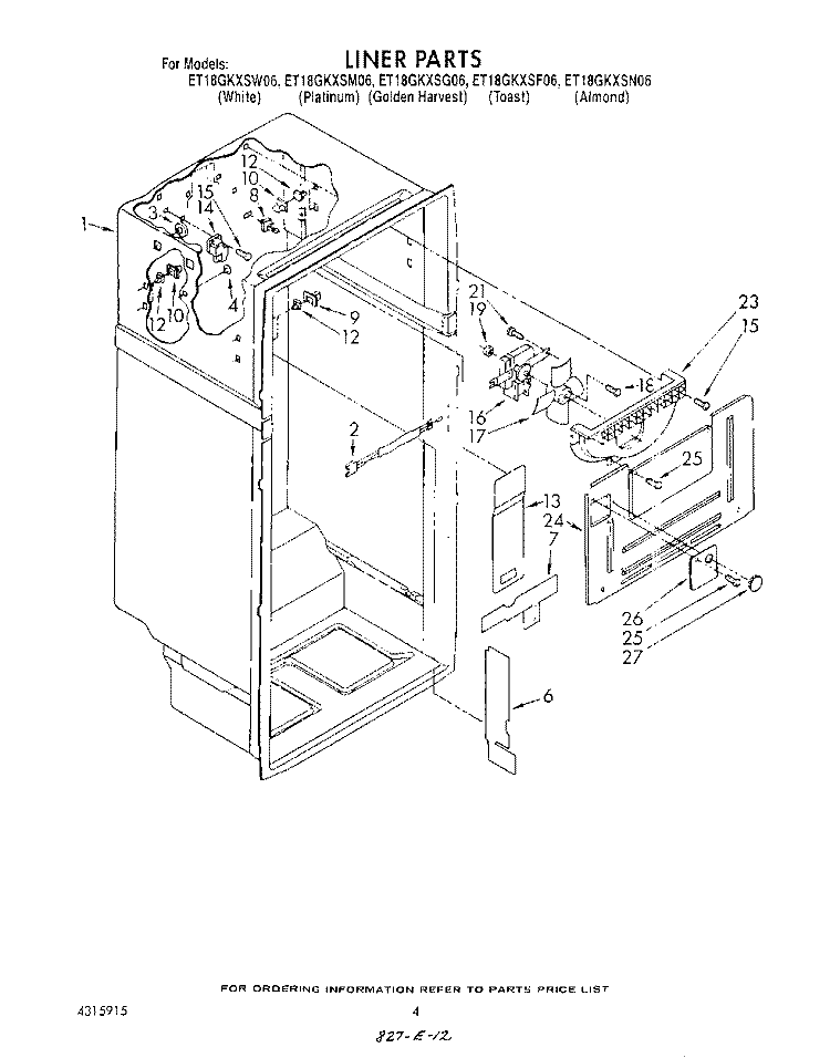 LINER Diagram and Parts List for ET18GKXSW06  Whirlpool Refrigerator