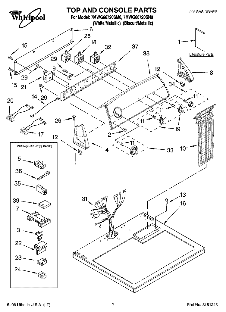 TOP AND CONSOLE PARTS Diagram and Parts List for 7MWG66720SN0  Whirlpool Dryer