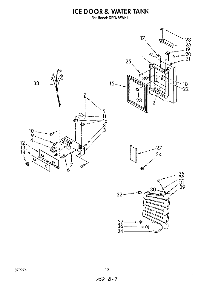 ICE DOOR & WATER TANK Diagram and Parts List for GSIW36WH1  Roper Refrigerator