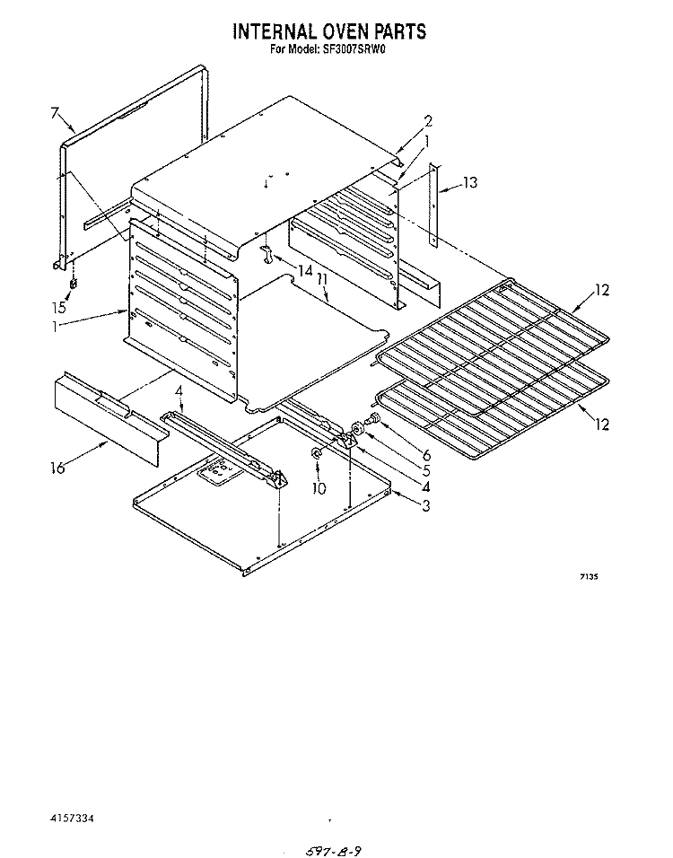 INTERNAL OVEN Diagram and Parts List for SF3007SRW0  Whirlpool Range