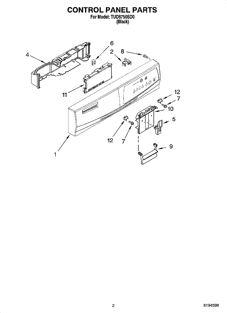 CONTROL PANEL PARTS Diagram and Parts List for TUD8750SD0  Estate Dishwasher