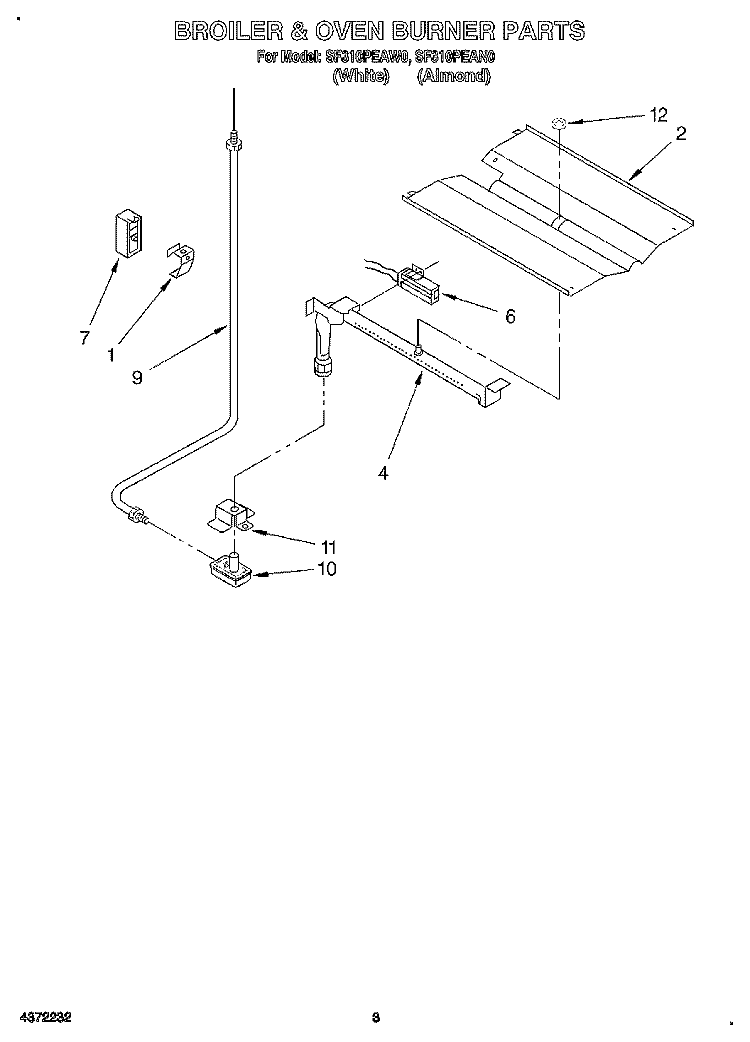 BROILER & OVEN BURNER Diagram and Parts List for SF310PEAW0  Whirlpool Range