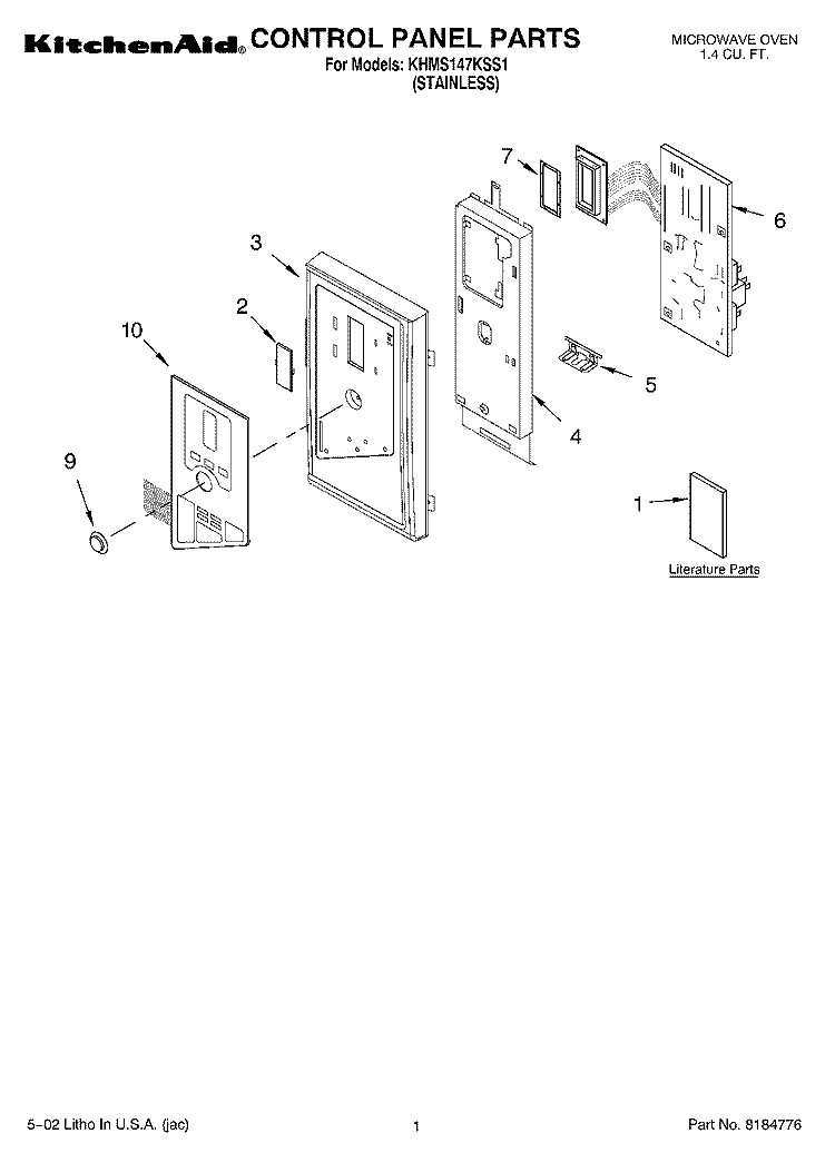 CONTROL PANEL, LITERATURE Diagram and Parts List for KHMS147KSS1  KitchenAid Microwave