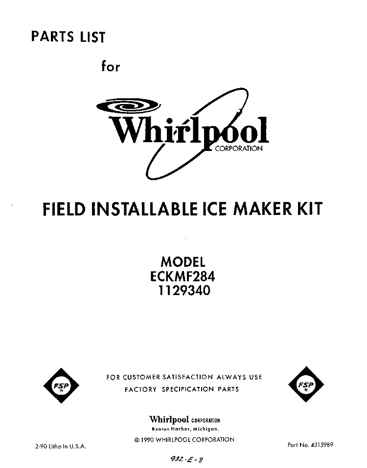 SECTION Diagram and Parts List for ECKMF284  Whirlpool Ice Maker