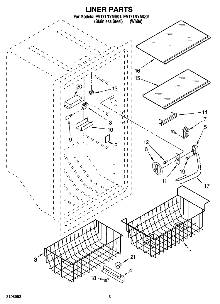 LINER PARTS Diagram and Parts List for EV171NYMQ01  Whirlpool Freezer