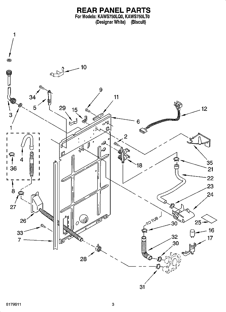 REAR PANEL PARTS Diagram and Parts List for KAWS750LQ0  KitchenAid Washer