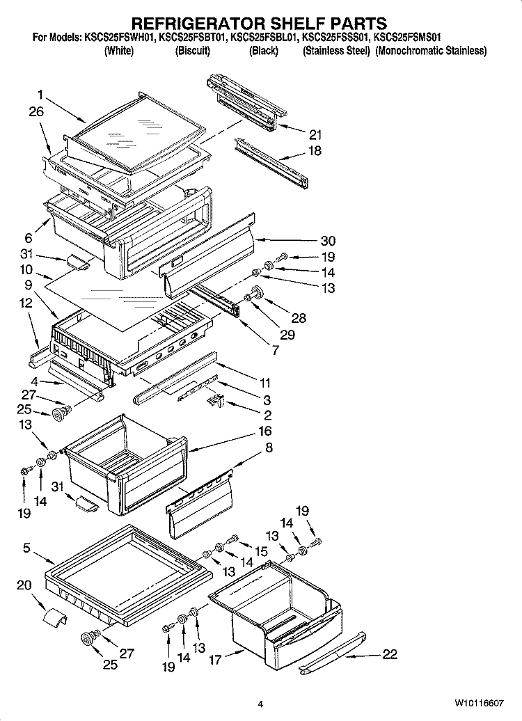 REFRIGERATOR SHELF PARTS Diagram and Parts List for KSCS25FSMS01  KitchenAid Refrigerator