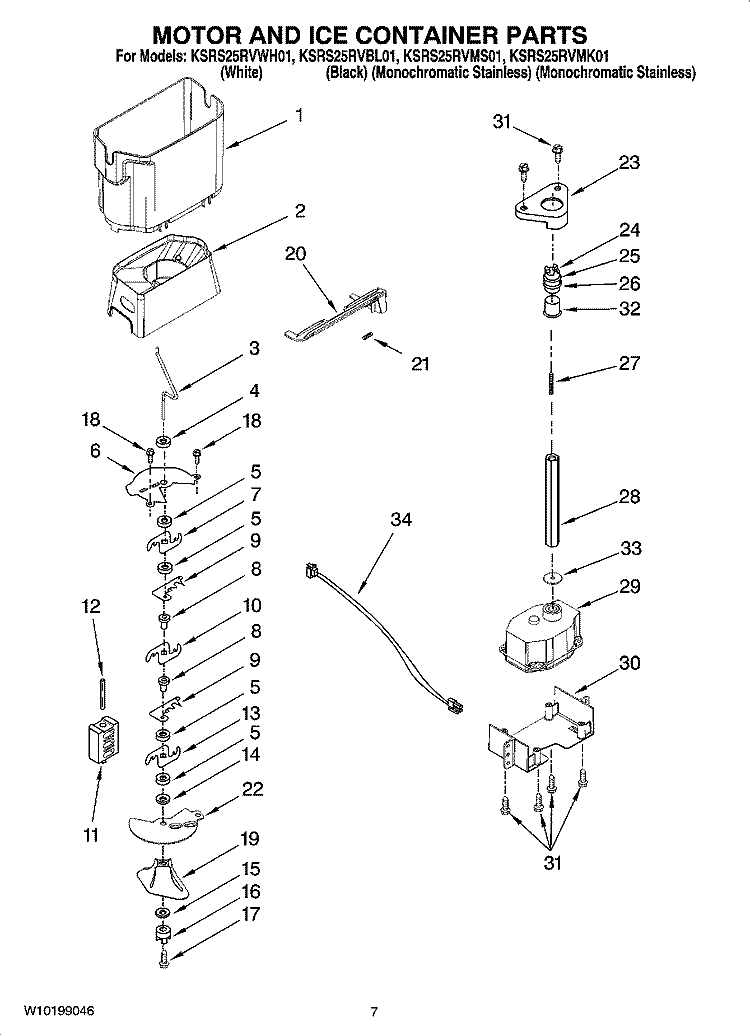 MOTOR AND ICE CONTAINER PARTS Diagram and Parts List for KSRS25RVBL01  KitchenAid Refrigerator