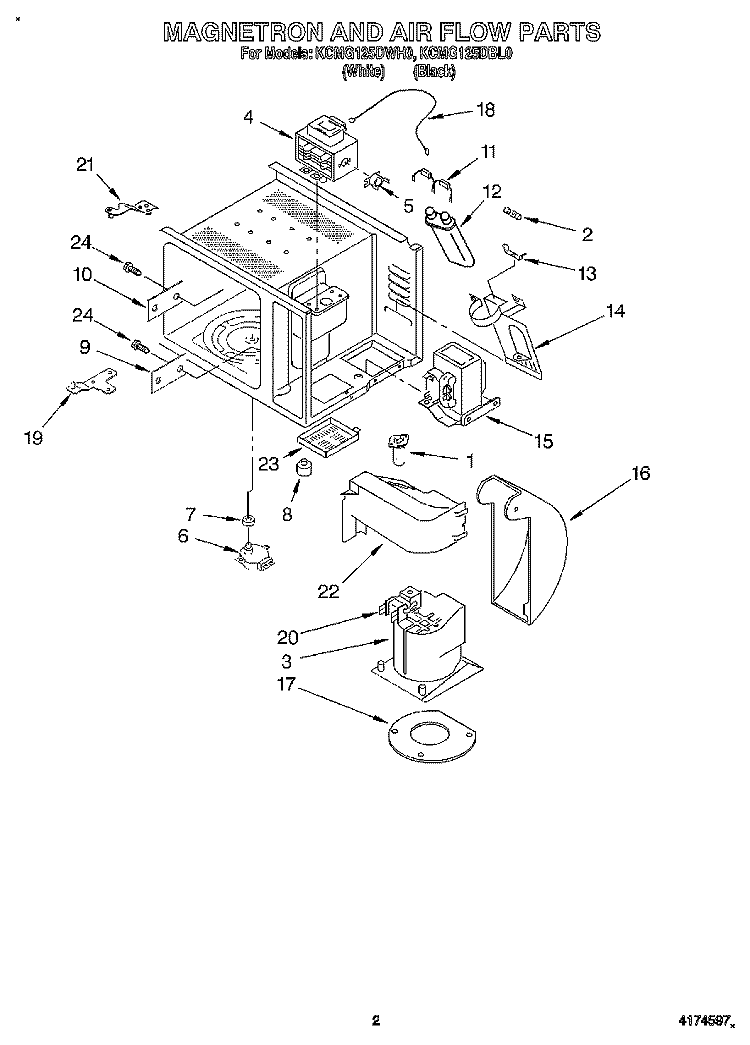 MAGNETRON AND AIR FLOW, LITERATURE Diagram and Parts List for KCMG125DWH0  KitchenAid Microwave