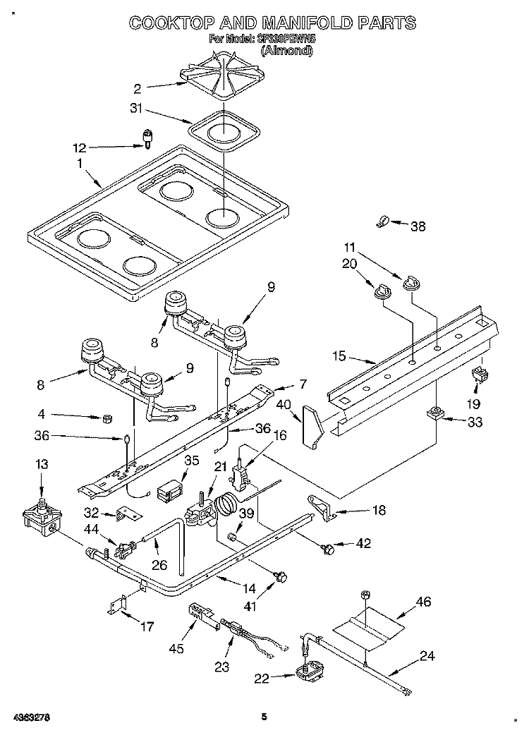 COOKTOP AND MANIFOLD, LITERATURE Diagram and Parts List for SF330PEWN5  Whirlpool Range