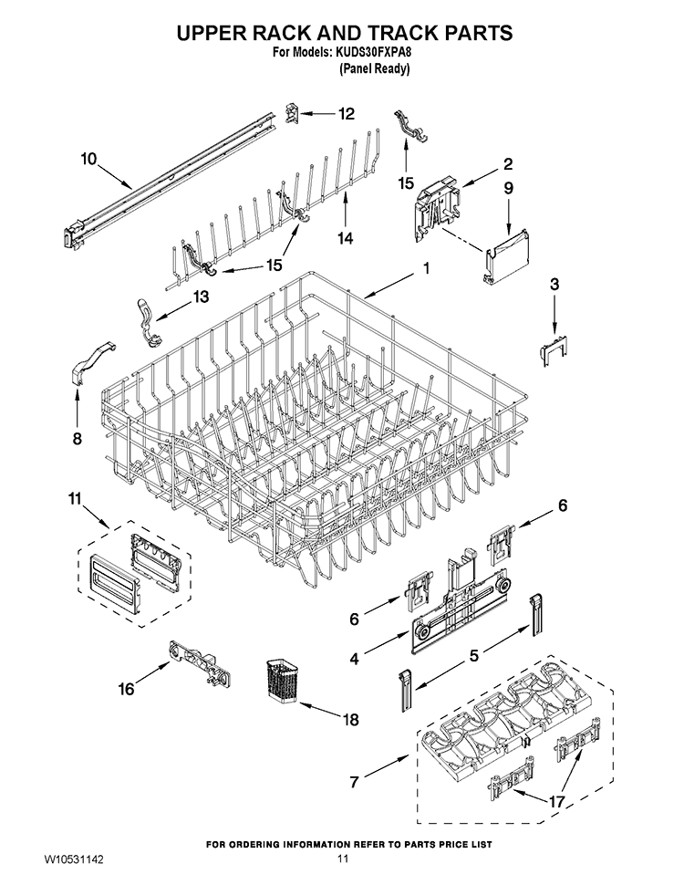 UPPER RACK AND TRACK PARTS Diagram and Parts List for KUDS30FXPA8  KitchenAid Dishwasher